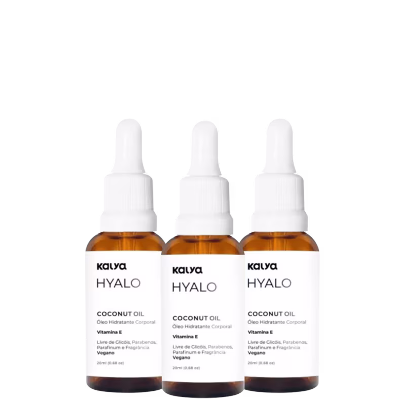 Três frascos de óleo hidratante corporal Kalya Hyalo, com 20ml cada, em embalagem de vidro âmbar e conta-gotas branco. Rótulos indicam "Coconut Oil" e "Vitamina E" como ingredientes.