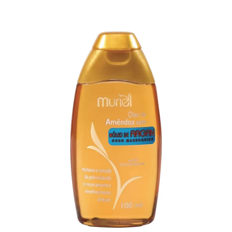 Frasco de óleo de amêndoa com óleo de argan da marca Muriel, em embalagem de plástico amarelo com detalhes em azul, contendo 100 ml do produto.