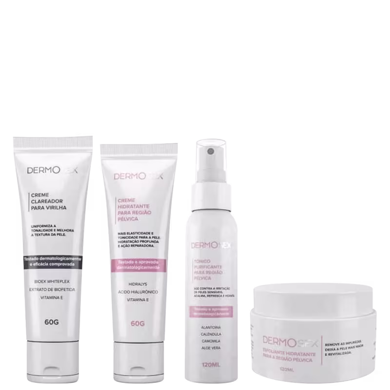Conjunto de produtos de beleza da marca Dermo, incluindo creme clareador para virilha, creme hidratante para região pélvica, tônico refrescante e creme hidratante revitalizante, em embalagens brancas com detalhes em rosa.