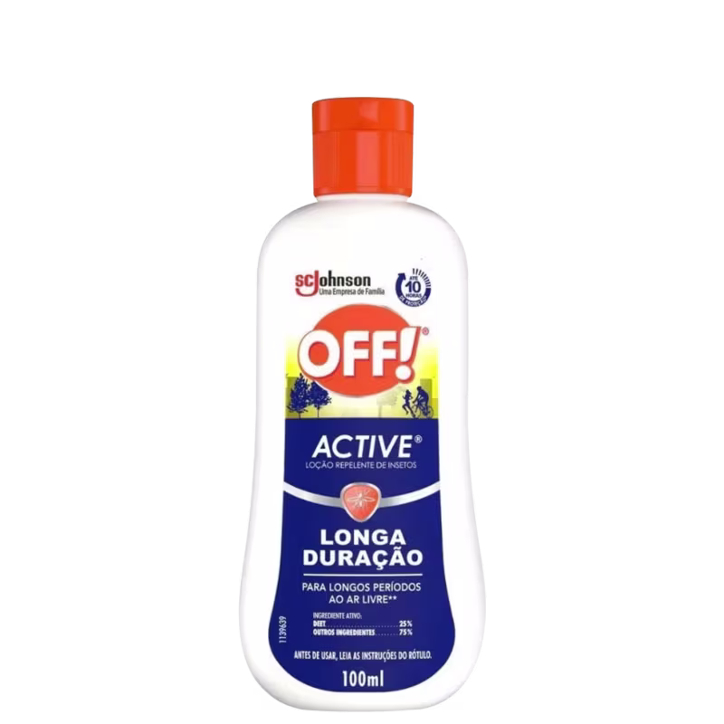 Frasco branco e laranja da marca OFF! Active, um repelente de insetos de longa duração, com informações sobre sua composição e instruções de uso.