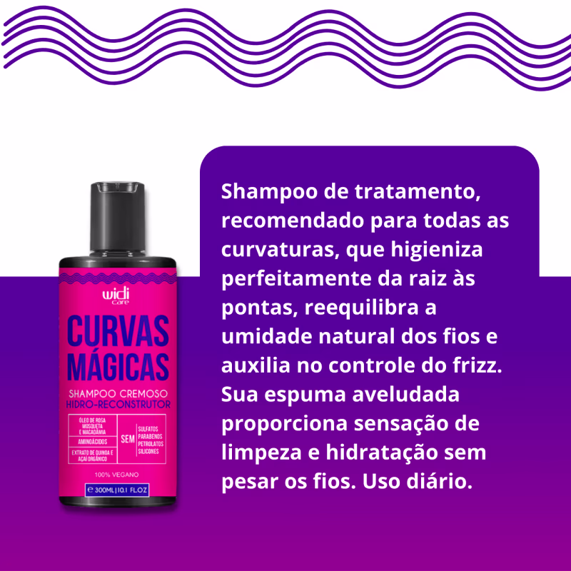 Frasco de shampoo cremoso da marca Widi Care, com rótulo em cores roxo e rosa, chamado "Curvas Mágicas". O texto descreve o produto como recomendado para todas as texturas de cabelo, higienizando e equilibrando a umidade natural.
