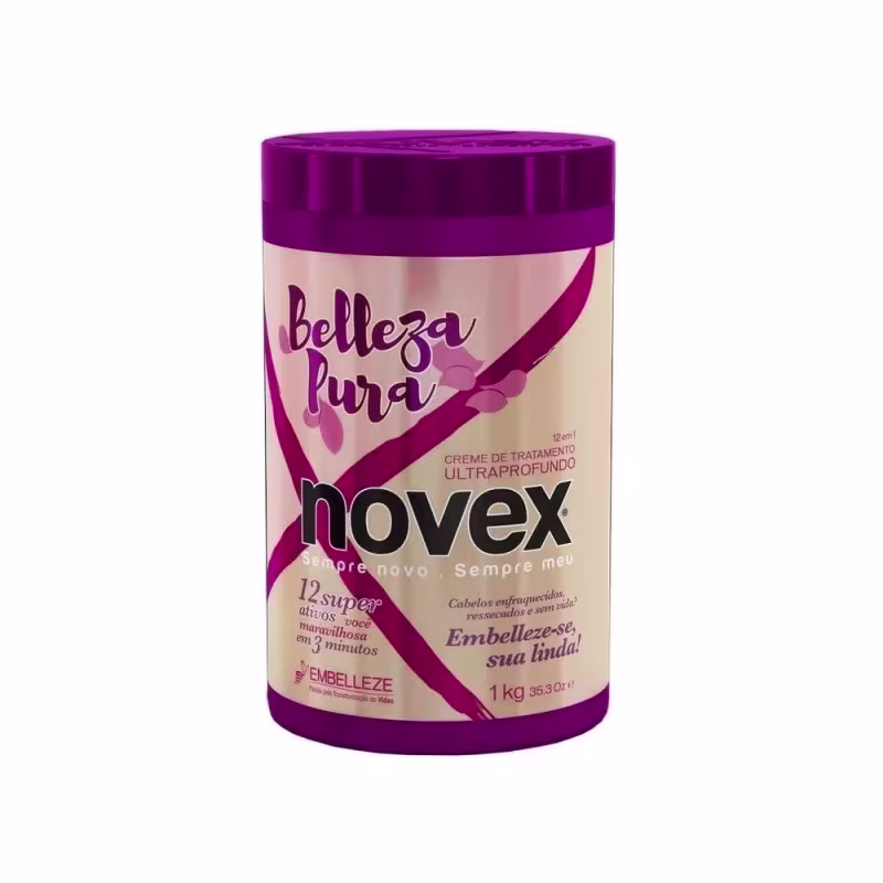 A imagem mostra o Creme Novex Belleza Pura 1kg, da marca Embelleze. É uma embalagem plástica roxa, de formato cilíndrico.  Destaca os benefícios de 12 super ativos e indicação para cabelos enfraquecidos e ressecados.