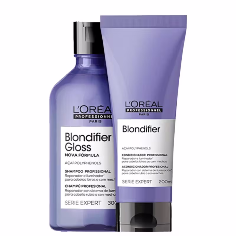 Há um frasco de shampoo Blondifier Gloss e um tubo de condicionador Blondifier, ambos com embalagens de cor roxa e branca. Os rótulos indicam que esses são produtos da linha Serie Expert, voltados para cabelos loiros ou com mechas.