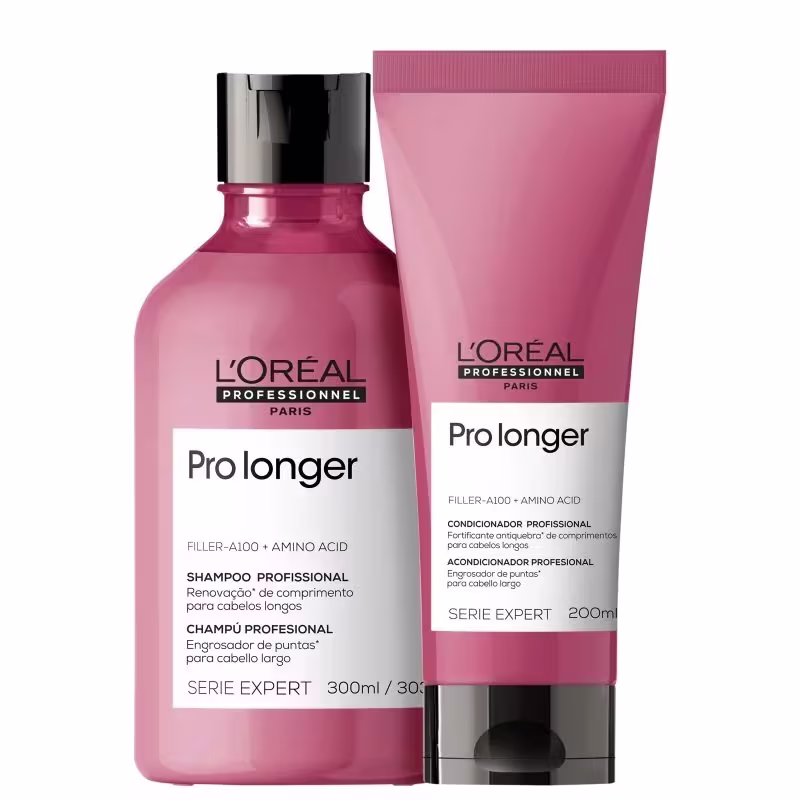 Uum frasco de shampoo profissional de 300ml e um tubo de condicionador profissional de 200ml, ambos com embalagens de cor rosa e preto, exibindo o nome da linha "Pro Longer" e a marca "L'Oréal Professionnel Paris".