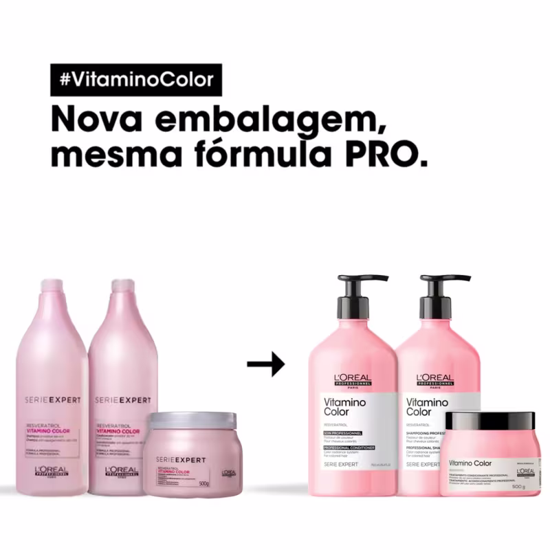 Kit L'Oréal Professionnel Serie Expert Vitamino Color Salon Trio com shampoo, condicionador e máscara capilar.