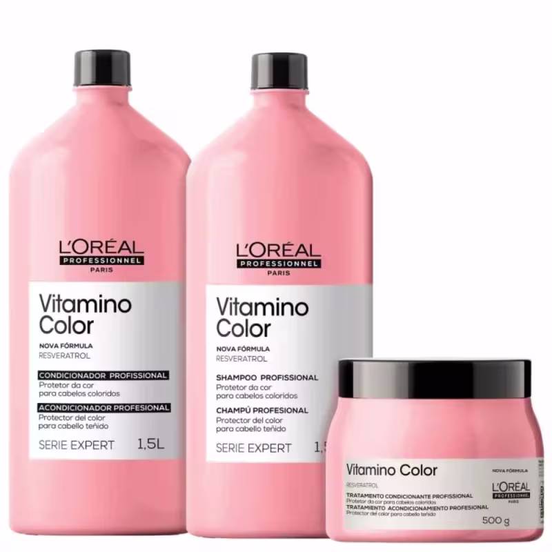 Kit L'Oréal Professionnel Serie Expert Vitamino Color Salon Trio com shampoo, condicionador e máscara capilar.