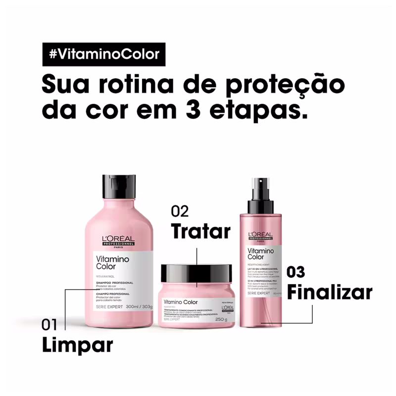Kit L'Oréal Professionnel Serie Expert Vitamino Color Salon Trio com shampoo, condicionador e máscara capilar.