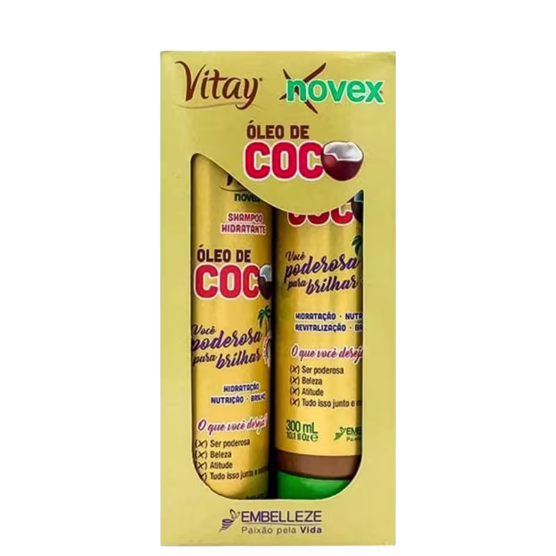 A imagem mostra caixa com kit de shampoo e condicionador Embelleze Novex Óleo de Coco, de 300ml. A embalagem traz tons de marrom e dourado e ilustrações de coco. Destaca benefícios como hidratação, nutrição, revitalização e brilho.