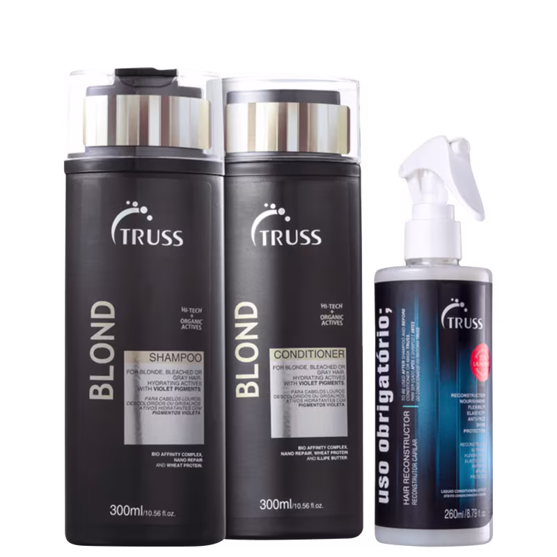 A imagem mostra três produtos da marca TRUSS, com dois frascos pretos de shampoo e condicionador da linha Bonde, com detalhes em amarelo claro, e do lado direito, um borrifador plástico preto com fundo azulado.