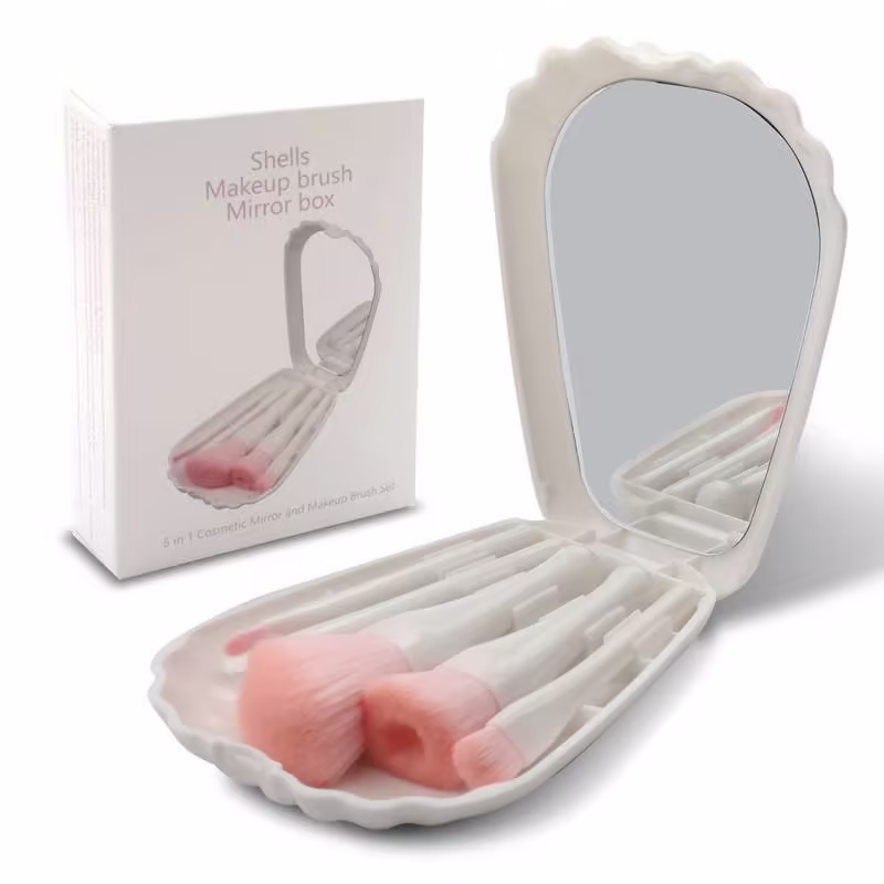 Kit Mini Pinceis de Maquiagem Concha com Espelho Branco