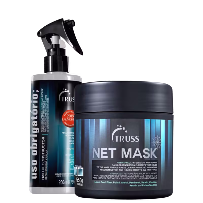 A imagem mostra um kit de TRUSS com dois produtos, um tratamento de uso obrigatório e um pote redondo de máscara capilar.
