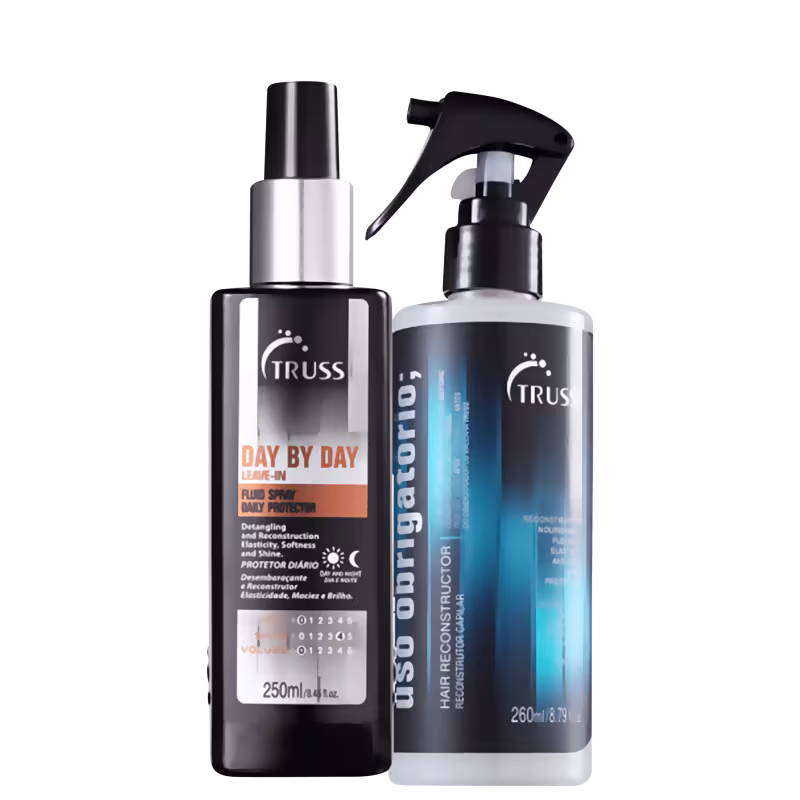 A imagem mostra dois produtos da marca TRUSS. À esquerda, há um frasco prateado e preto contendo Leave-in, e à direita, há um frasco borrifador plástico preto com fundo azulado, do tratamento reconstrutor.