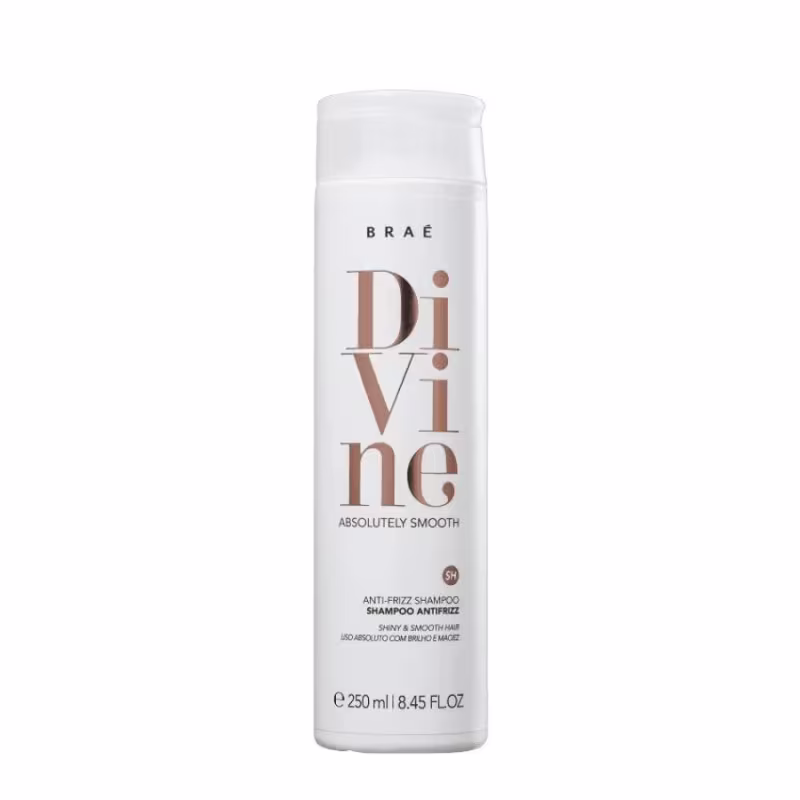 Shampoo anti-frizz da linha Divine da marca Brae. Volume de 250ml.
