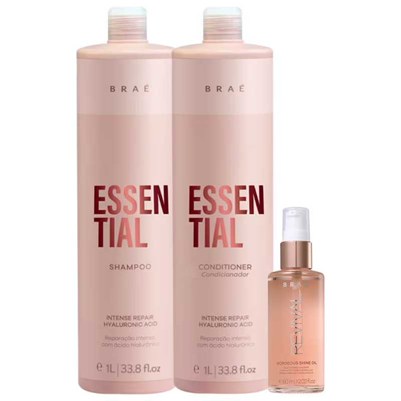 A imagem mostra produtos cabelos da marca Braé: shampoo e condicionador Essential de 1 litro cada e óleo capilar Revival Gorgeous Shine Oil de 60ml. As cores predominantes das embalagens são rosa e branco.