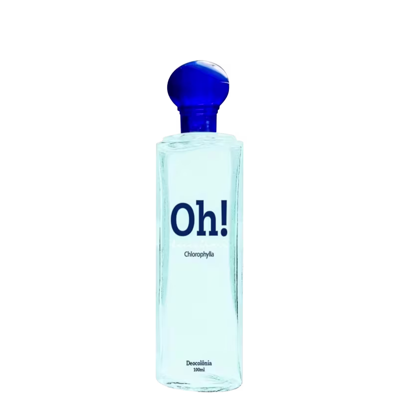 Frasco de vidro transparente com tampa azul, contendo um produto da marca Chlorophylla chamado "Oh!". O rótulo apresenta o nome do produto em destaque e a informação de que o conteúdo é de 100ml.