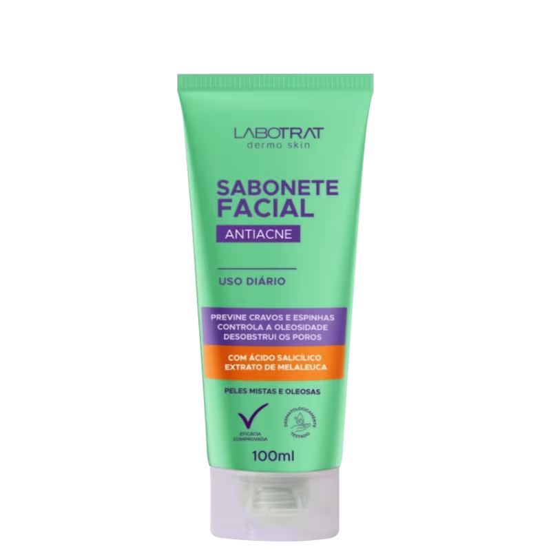 O produto apresentado é um sabonete facial antiacne da marca Labotrat, com embalagem em tubo de plástico verde e roxo. O rótulo indica que o produto é indicado para peles mistas e oleosas. O tubo possui 100ml de volume.