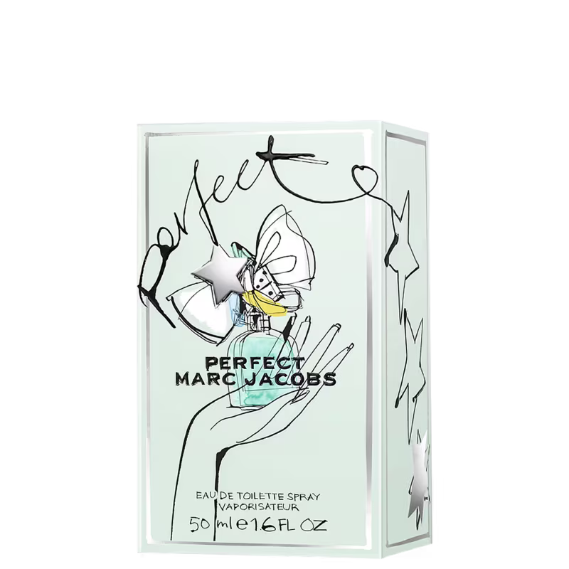 Frasco de perfume da marca Marc Jacobs, com embalagem branca e preta, apresentando um desenho estilizado e o texto "Perfect Marc Jacobs" impresso. O produto possui 50 ml e é um spray de água de toilette.