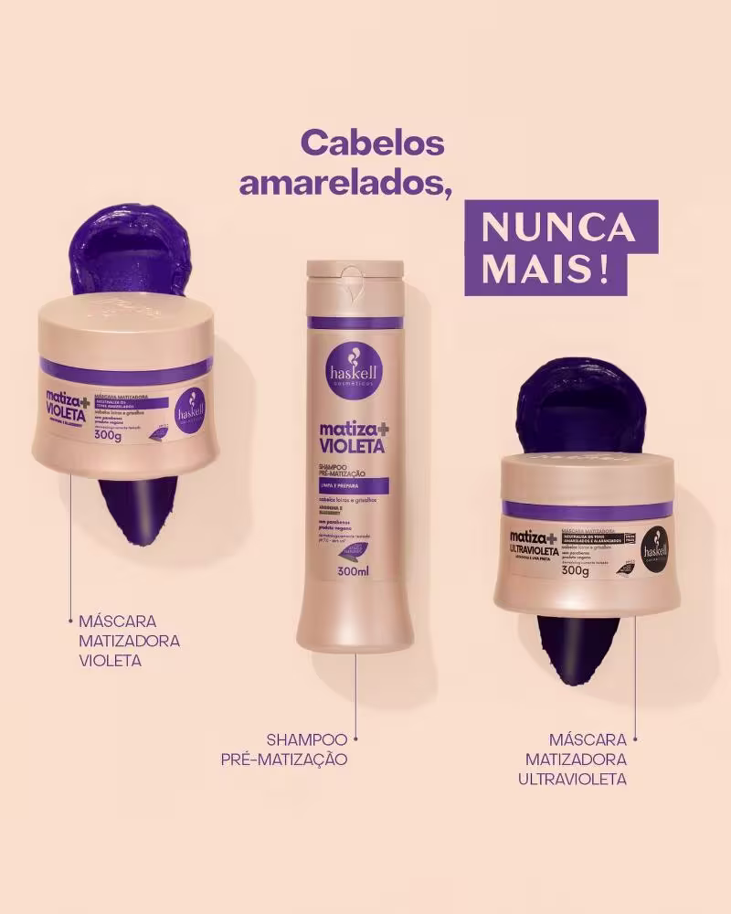 A imagem mostra a linha de produtos Matiza + Violeta e o uso para cada produto.