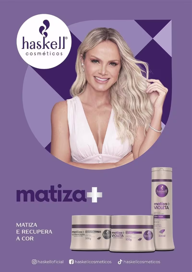 A imagem mostra os produtos da linha Matiza + e acima a imagem da apresentadora Elianna, uma mulher branca de longos cabelos loiros.