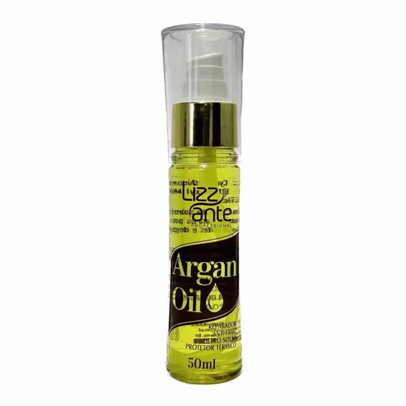 Óleo de argan da marca Lizz ante Professional. O rótulo do produto destaca em letras grandes "Argan Oil" e menciona que é um "Reparador Anti-Frizz Protetor Térmico", indicando que se trata de um óleo de tratamento para cabelos.