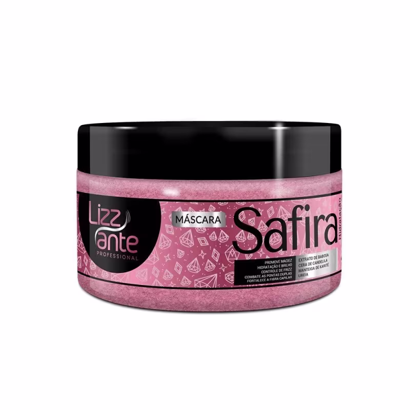 Máscara capilar. O rótulo exibe o nome "Safira" e menciona que o produto contém extrato de babosa, cera de cana-de-açúcar e ureia, indicando que se trata de um tratamento para cabelos.