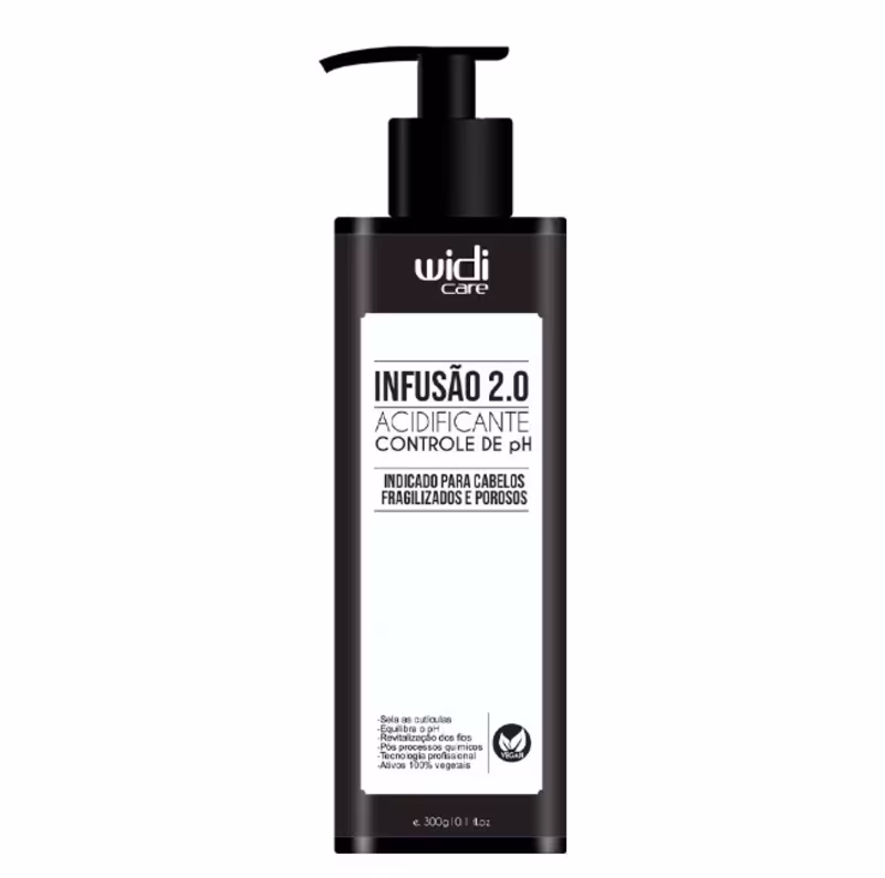 Produto de tratamento capilar Widi Care Infusão 2.0 Acidificante Controle de pH. Embalagem plástica preta com bomba dosadora. Rótulo branco com texto indicando para cabelos fragilizados e porosos. Contém 300ml.