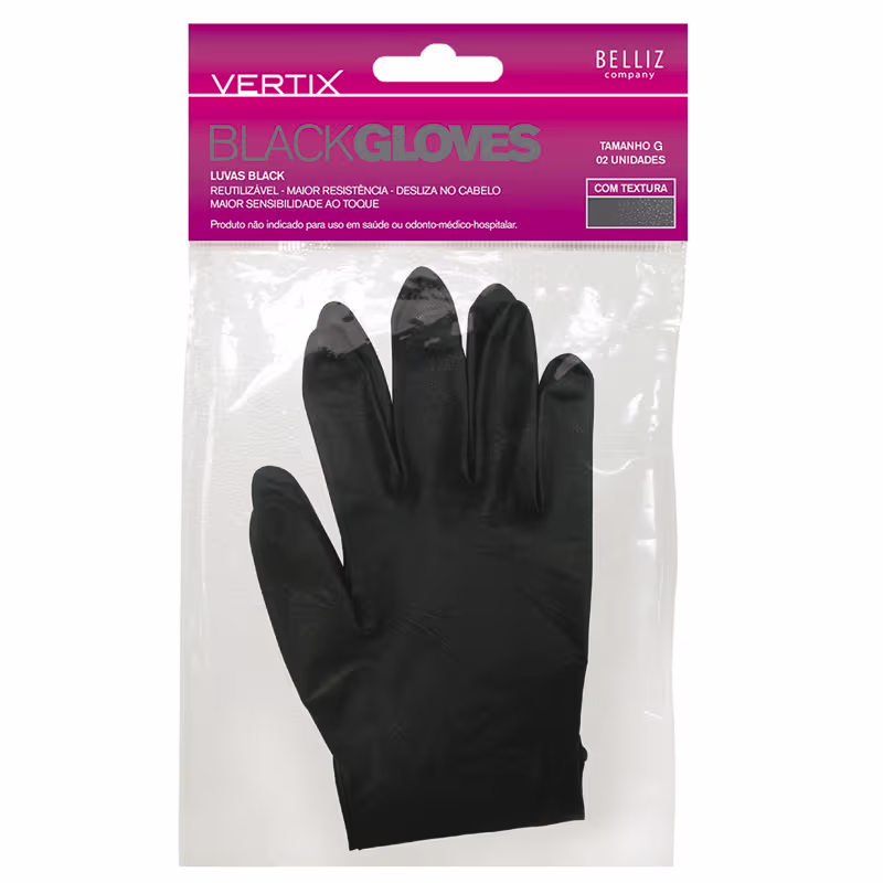 O produto apresentado é um par de luvas pretas da marca Vertix. As luvas possuem textura e são embaladas em um pacote plástico com rótulo rosa e informações sobre o produto, como o tamanho "G" e a indicação de que são "Black Gloves" (luvas pretas).