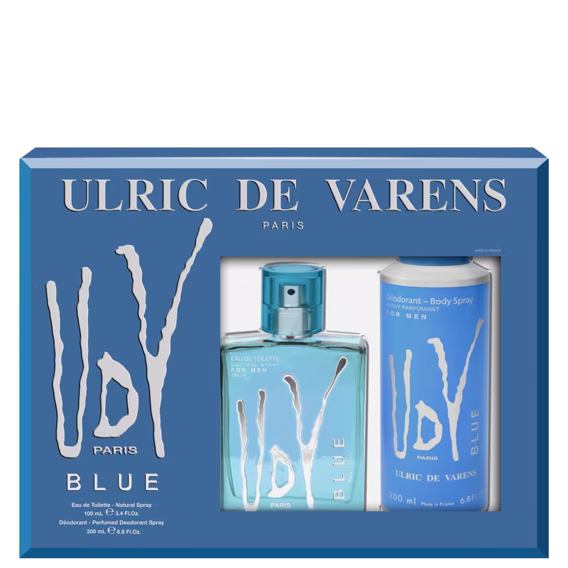 A imagem mostra uma caixa retangular azul com detalhes brancos e o nome da marca e linha em letras maiúsculas. Contém um frasco de perfume em vidro azul claro transparente de 100ml e um frasco de desodorante corporal spray de 200ml.