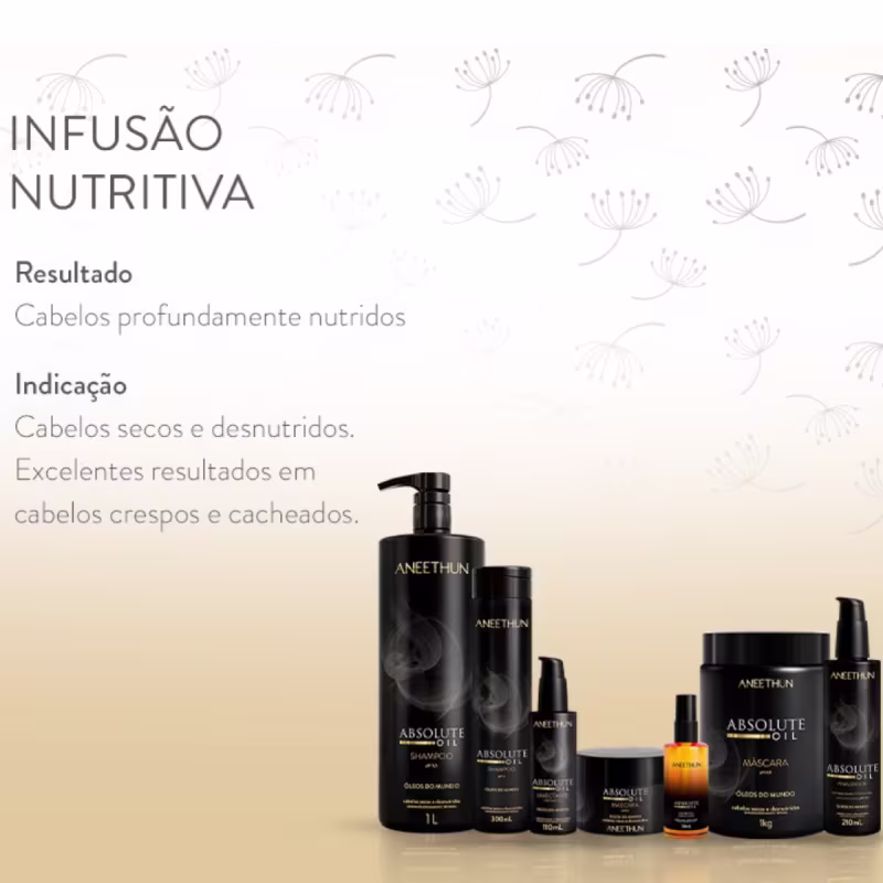 O produto apresentado é um shampoo da marca Aneethun, chamado "Absolute Oil". A embalagem é um frasco preto com o nome da marca e do produto em letras douradas. Volume de 300ml.