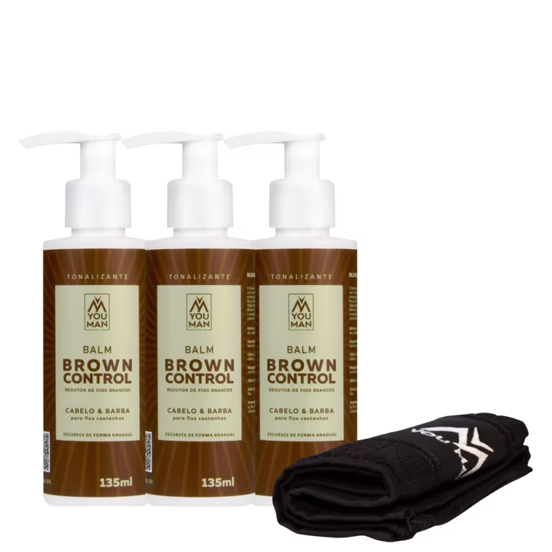 Toalha + Kit com 3 unidades do Brown Control | redutor de fios brancos | cabelo e barba castanho | 135ml cada