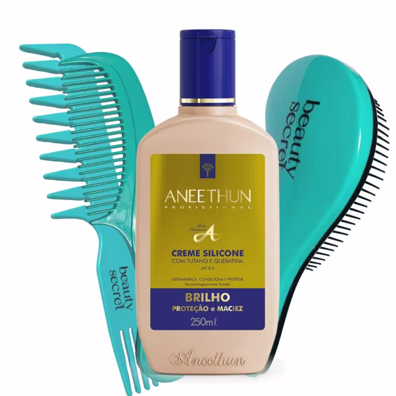 Conjunto de produtos de beleza da marca Aneethun. No centro o creme e ao redor uma escova e dois pentes.