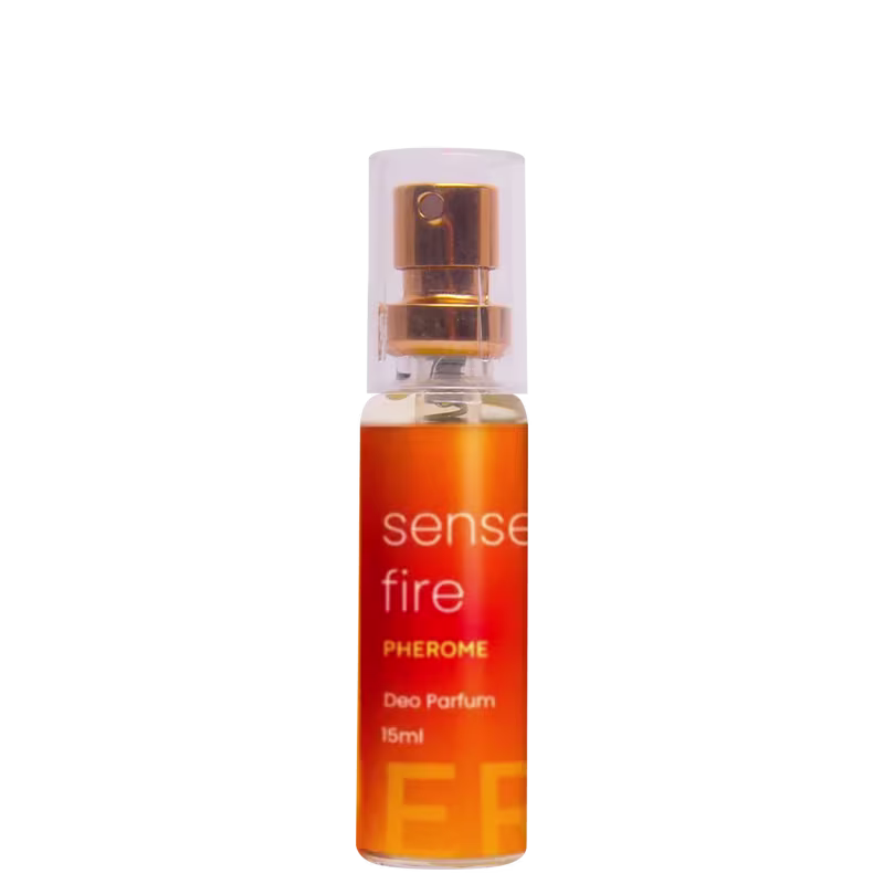 Frasco de perfume Sense Fire Pherome Deo Parfum de 15ml, com embalagem laranja e texto em branco destacando o nome do produto.