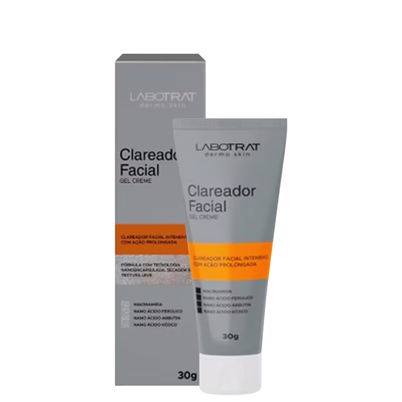 O produto apresentado é um Clareador Facial da marca Labotrat. A embalagem é um tubo de cor cinza com detalhes em laranja, contendo o nome do produto e a marca impressos. O tubo possui um formato cilíndrico e tem um volume de 30g.