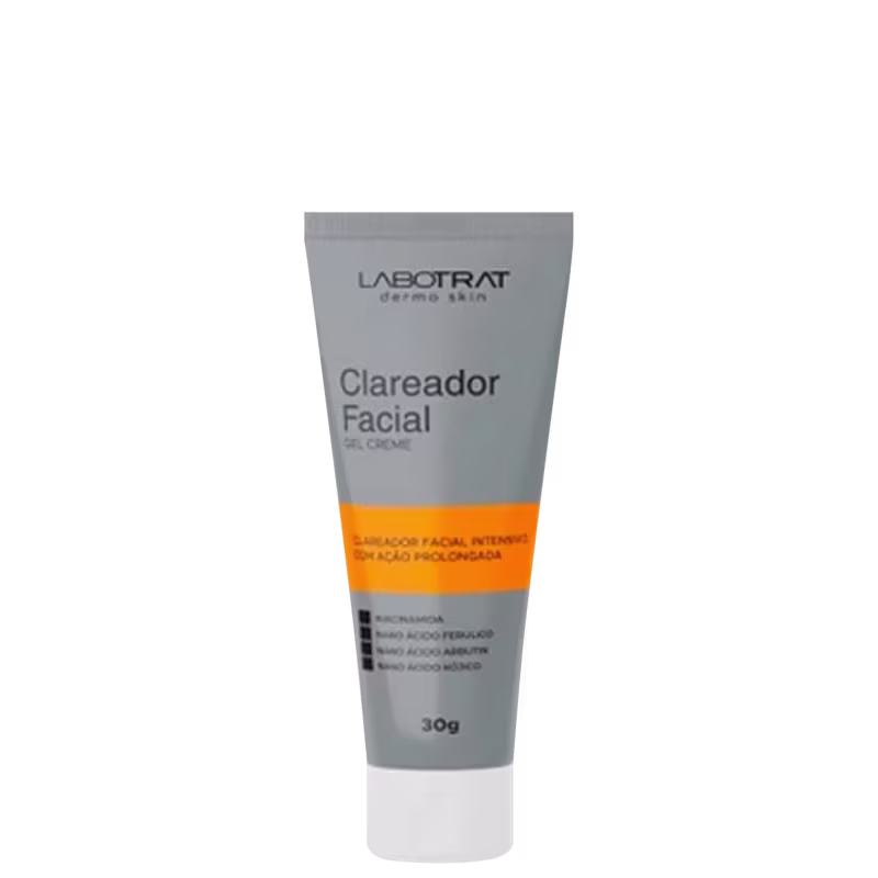 O produto apresentado é um Clareador Facial da marca Labotrat. A embalagem é um tubo de cor cinza com detalhes em laranja, contendo o nome do produto e a marca impressos. O tubo possui um formato cilíndrico e tem um volume de 30g.