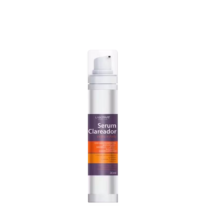 O produto apresentado é um Serum Clareador da marca Labotrat. A embalagem é um frasco branco com uma tampa e um rótulo roxo e laranja. Volume de 30ml.