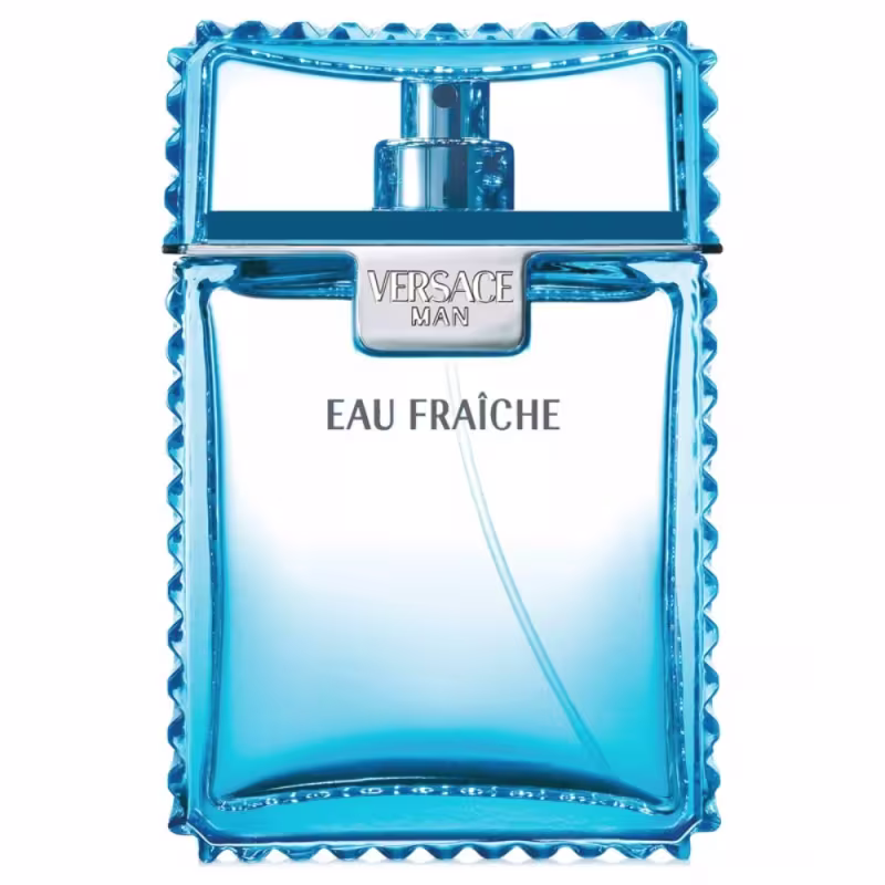 A imagem mostra uma frasco de perfume masculino da Versace. O frasco tem forma retangular e bordas onduladas em um tom de azul vibrante. O nome "Versace Man Eau Fraîche" está impresso em letras brancas sobre o frasco.