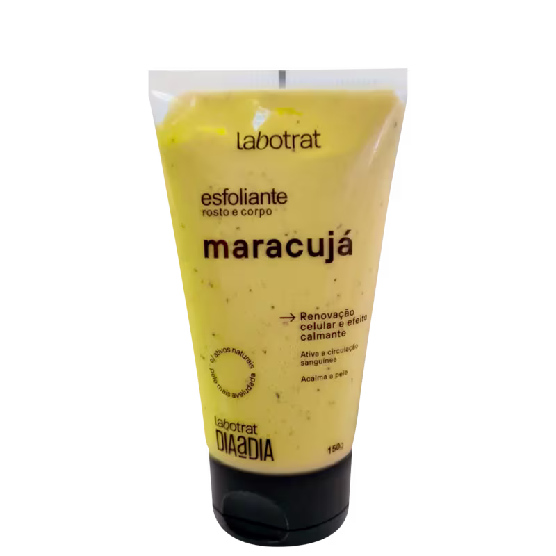 O produto apresentado é um esfoliante corporal da marca Labotrat, com aroma de maracujá. A embalagem é um tubo plástico amarelo, com o nome do produto "Esfoliante Rosto e Corpo Maracujá" impresso em preto. O tubo contém 150g do produto.