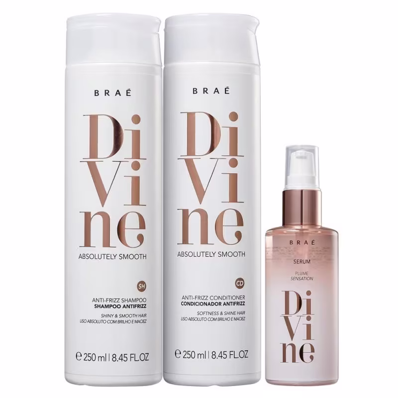 A imagem mostra  da marca Braé: shampoo Divine de 250ml, condicionador Divine de 250ml, e ao lado, há um frasco menor de vidro rosado com um sérum capilar "Plume Sensation" da mesma linha.