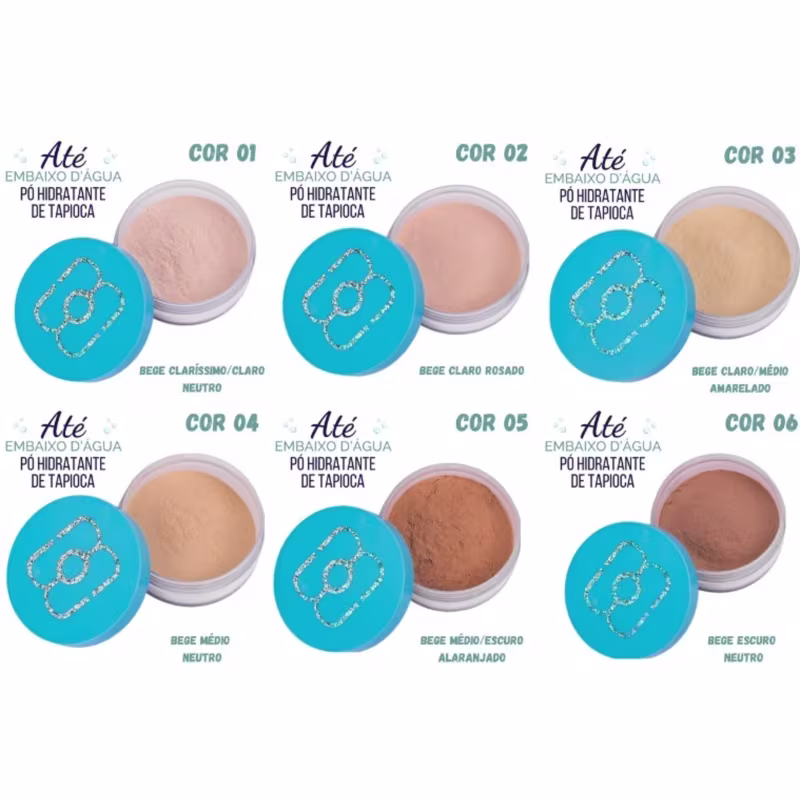 A imagem mostra seis pós compactos hidratantes de tapioca. Os pós vêm em embalagens redondas plásticas com tampas azuis. As cores dos pós variam entre tons claros de bege e marrom.