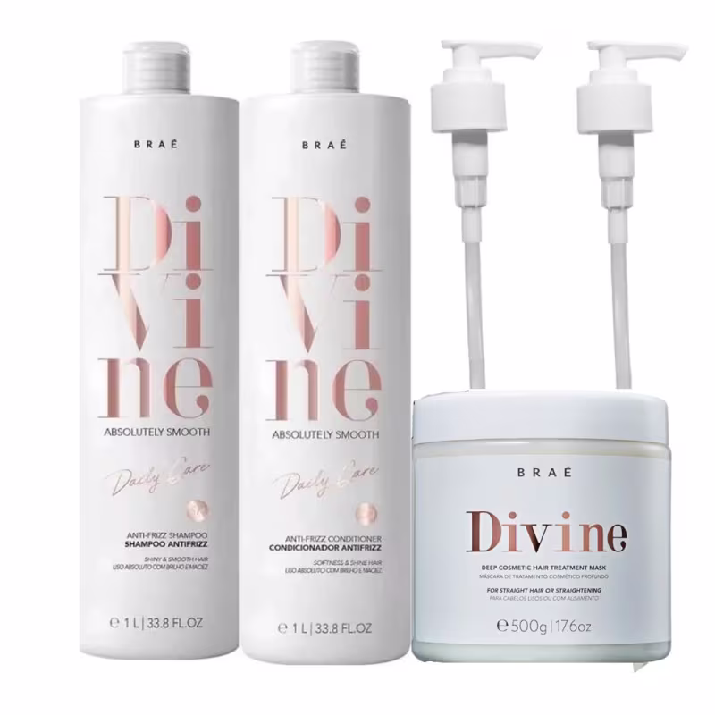 Este é o trio Braé Divine, ideal para cabelos lisos ou com alisamento. Contém shampoo e condicionador antifrizz para uso diário, uma máscara de tratamento profundo e duas válvulas dosadoras pump.