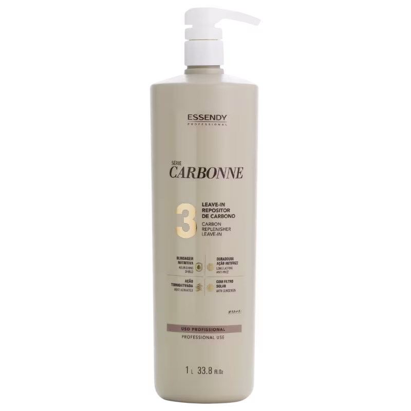 Leave-in repositor de carbono da série Carbonne da marca Essendy. Trata-se de um frasco plástico branco com um rótulo que destaca o nome da série "CARBONNE" e o número "3" indicando que este é o terceiro produto da linha.