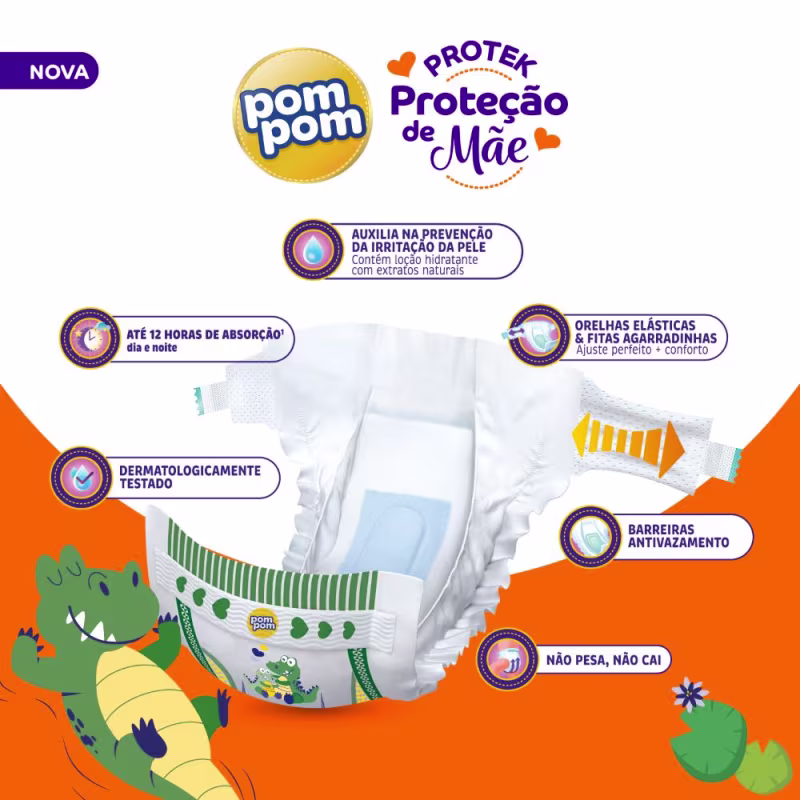 Kit Pom Pom Protek Proteção de Mãe Mega XG - Fraldas Descartáveis (152 Unidades)