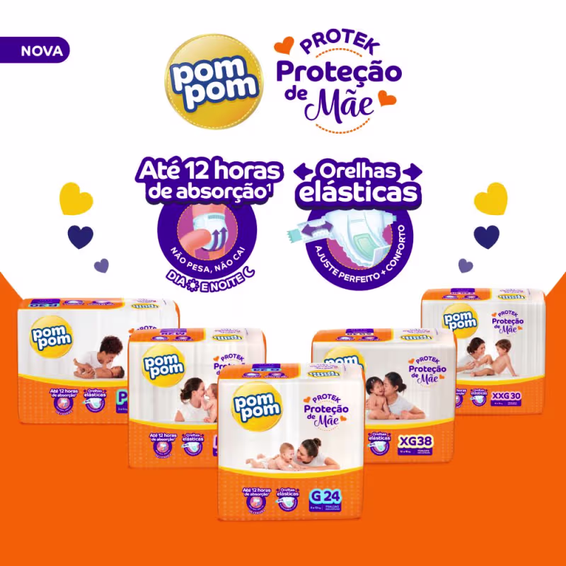 Kit Pom Pom Protek Proteção de Mãe Mega XG - Fraldas Descartáveis (152 Unidades)