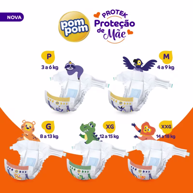 Kit Pom Pom Protek Proteção de Mãe Mega XG - Fraldas Descartáveis (152 Unidades)