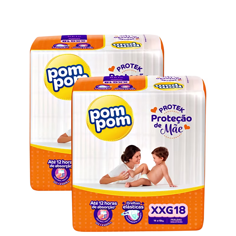 Kit Pom Pom Protek Proteção de Mãe Jumbo XXG - Fraldas Descartáveis (36 Unidades)