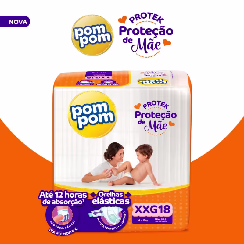 Kit Pom Pom Protek Proteção de Mãe Jumbo XXG - Fraldas Descartáveis (36 Unidades)