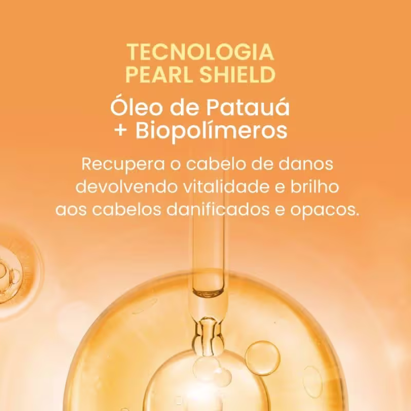 Produto de tratamento capilar da linha Tecnologia Pearl Shield da marca Cadiveu Professional. Óleo de patauá e biopolímeros são os principais ingredientes destacados, recuperam cabelos danificados, devolvendo vitalidade e brilho.