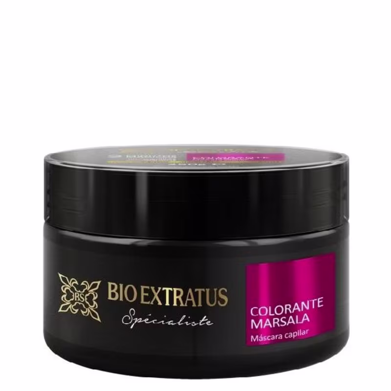 Embalagem preta com rótulo em dourado e rosa da marca Bio Extratus, contendo uma máscara capilar da linha Colorante Marsala.