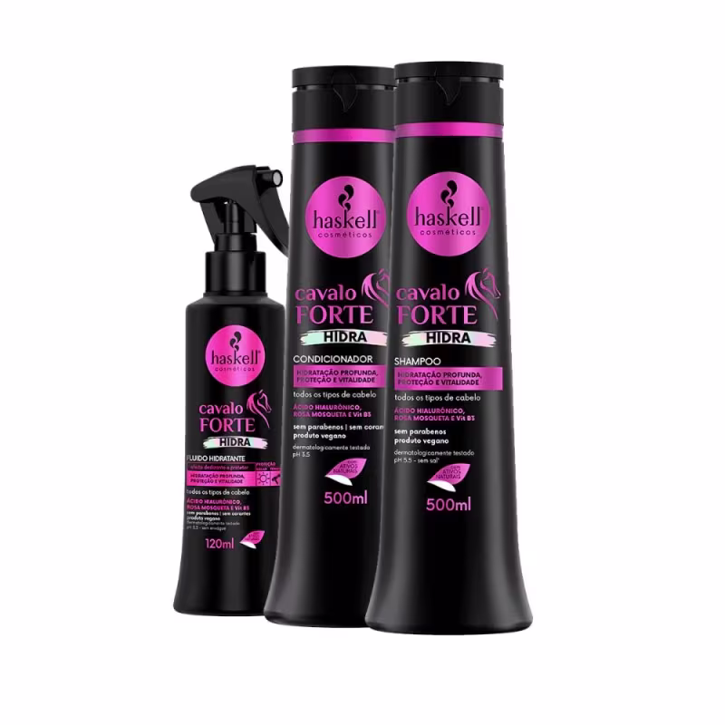 A imagem mostra um shampoo, um condicionador e um fluido de tratamento capilar. Todos da linha Cavalo Forte Hidra da marca Haskell.