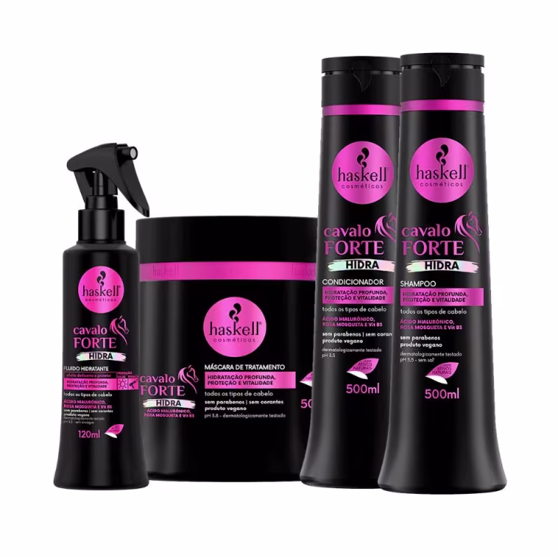 A imagem mostra um kit com fluido de tratamento, máscara, shampoo e condicionador, todos da linha Cavalo Forte Hidra da marca Haskell.